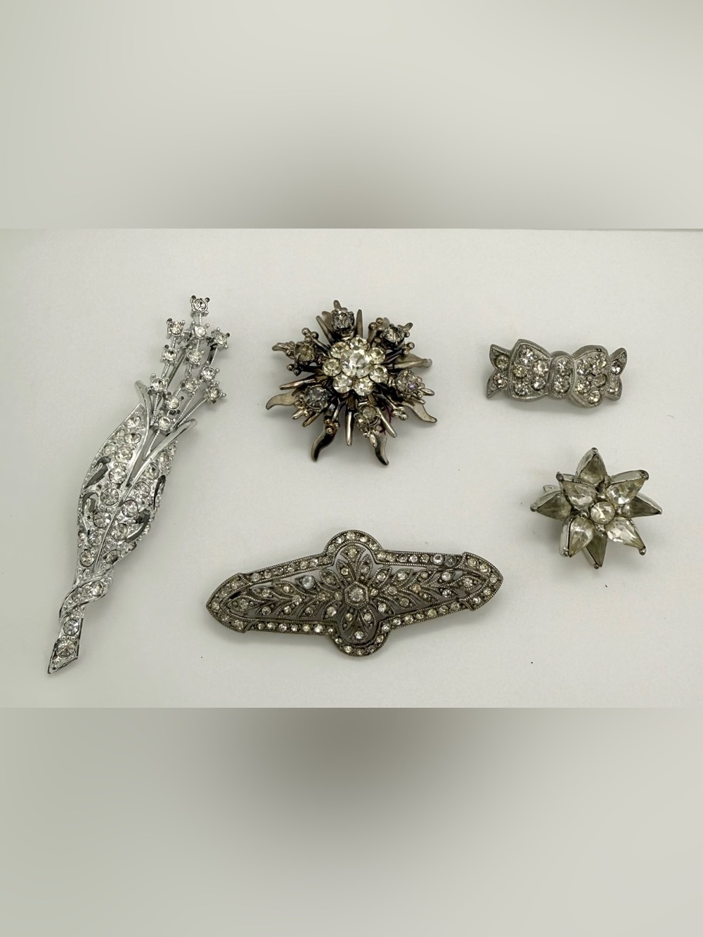 Vintage Art Deco SIGNED Brooch Lot Crystal Rhinestone Czech Glass Bow Flower
